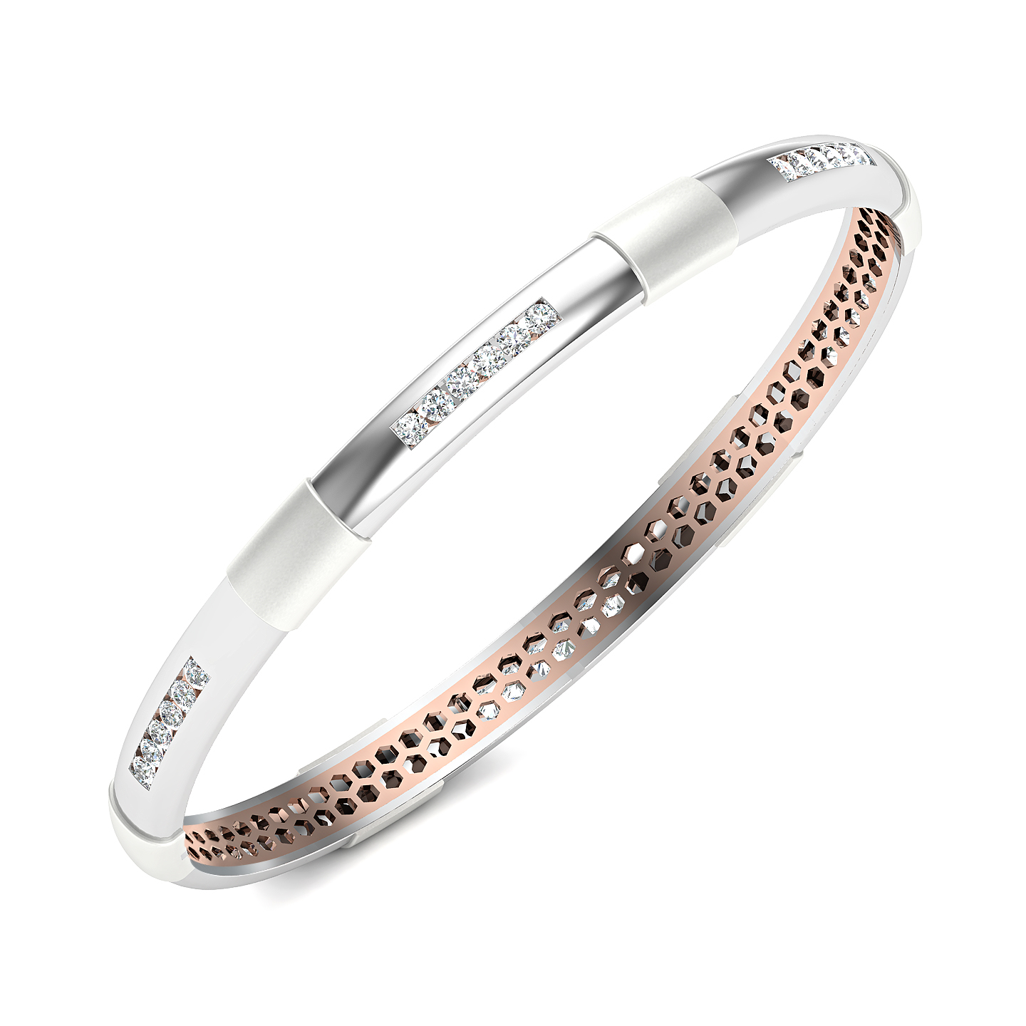 Elegant Dual-Tone Diamond Bar Bangle with Intricate Honeycomb Detailing