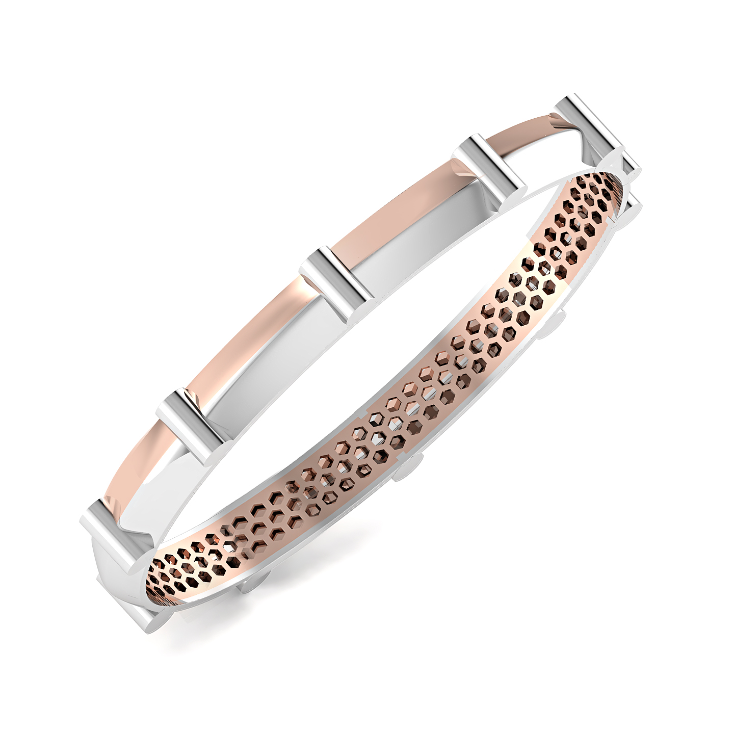 Dual-Tone Platinum Bangle with Rose-Gold Accents &amp; Geometric Bar Detailing