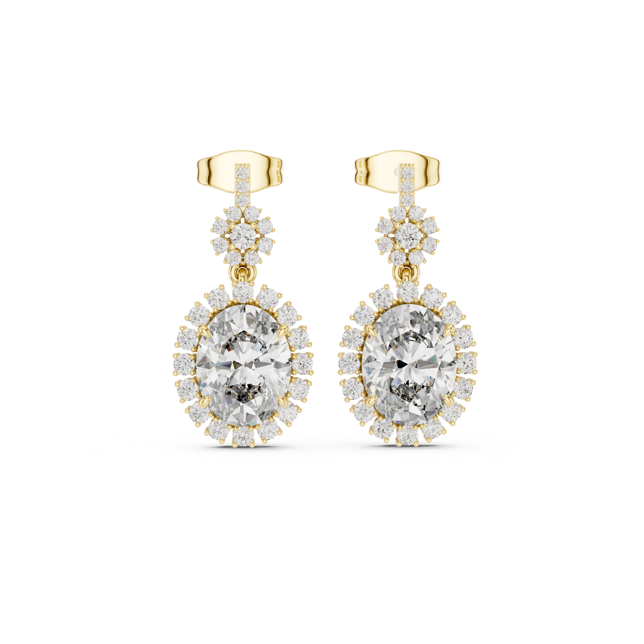 Oval Diamond Floral Halo Drop Earrings in Yellow Gold