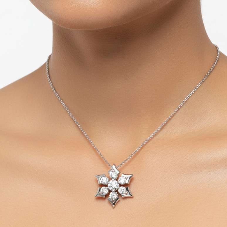 Brilliant Snowflake Diamond Pendant in Sleek White Metal Design