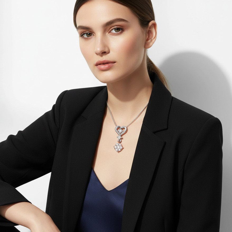 Dual-Tone Heart Drop Diamond Pendant with Floral Cluster Charm